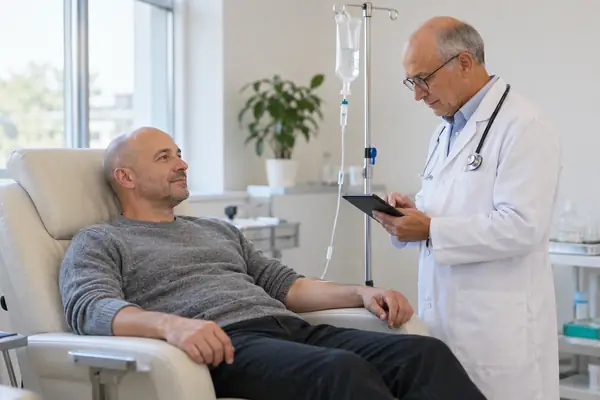 Мужчина и капельница в кабинете врача